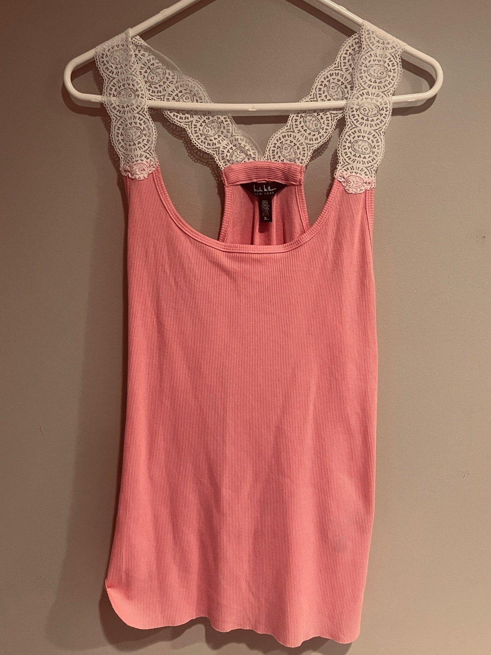 Nicole Miller Pink Ribbed Tank Top White Lace Straps Racerback Cami Coquette XL